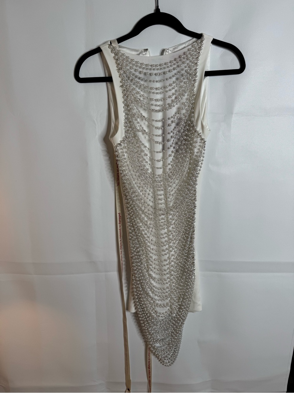Bead-Embellished Ivory Mini Dress with Draped Pearl Chains